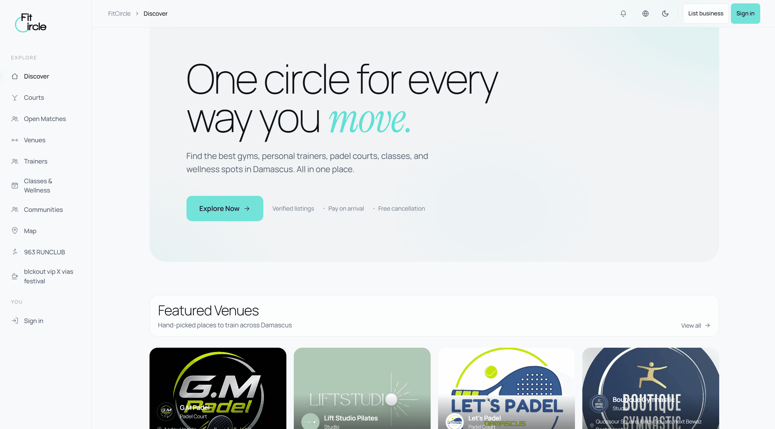 FitCircle — discover and book gyms, courts, and classes in Damascus